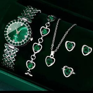 Elegant6 PC green heart Rhinestone  Quartz Watch , necklace, earrings and ring